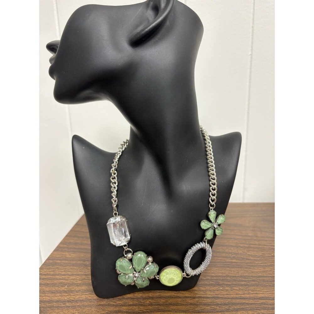 Vintage Y2K 90s Thick Silver Tone Chain Green Flower Necklace Chunky J1